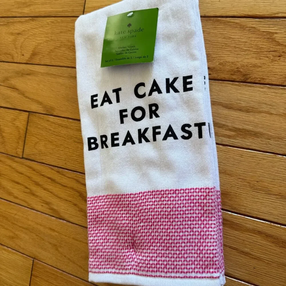 Kate Spade New York Eat Cake For Breakfast Kitchen Towels Set 2 White Pink NWT